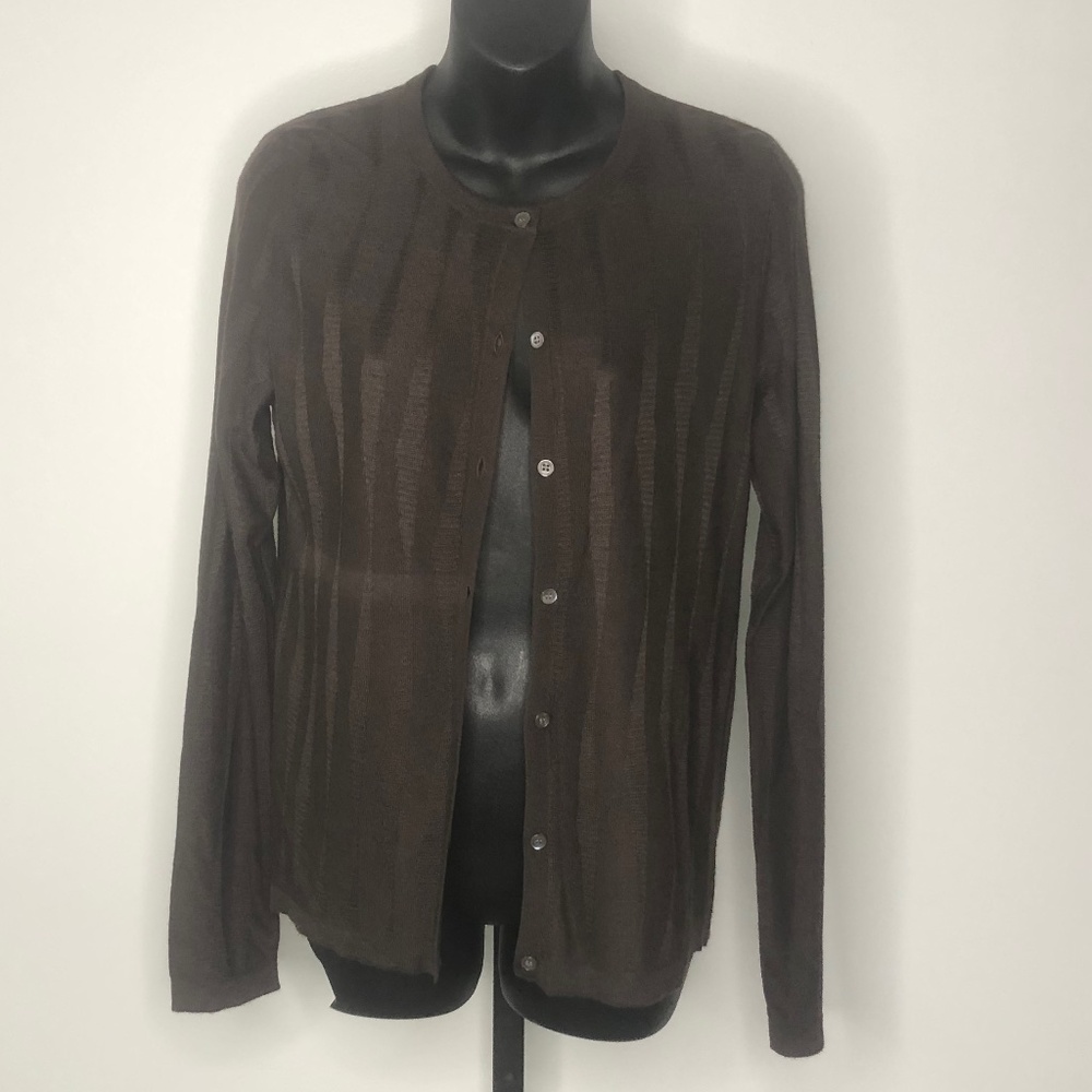 TSE Dark Brown Long Sleeve Textured Crewneck Cardigan M